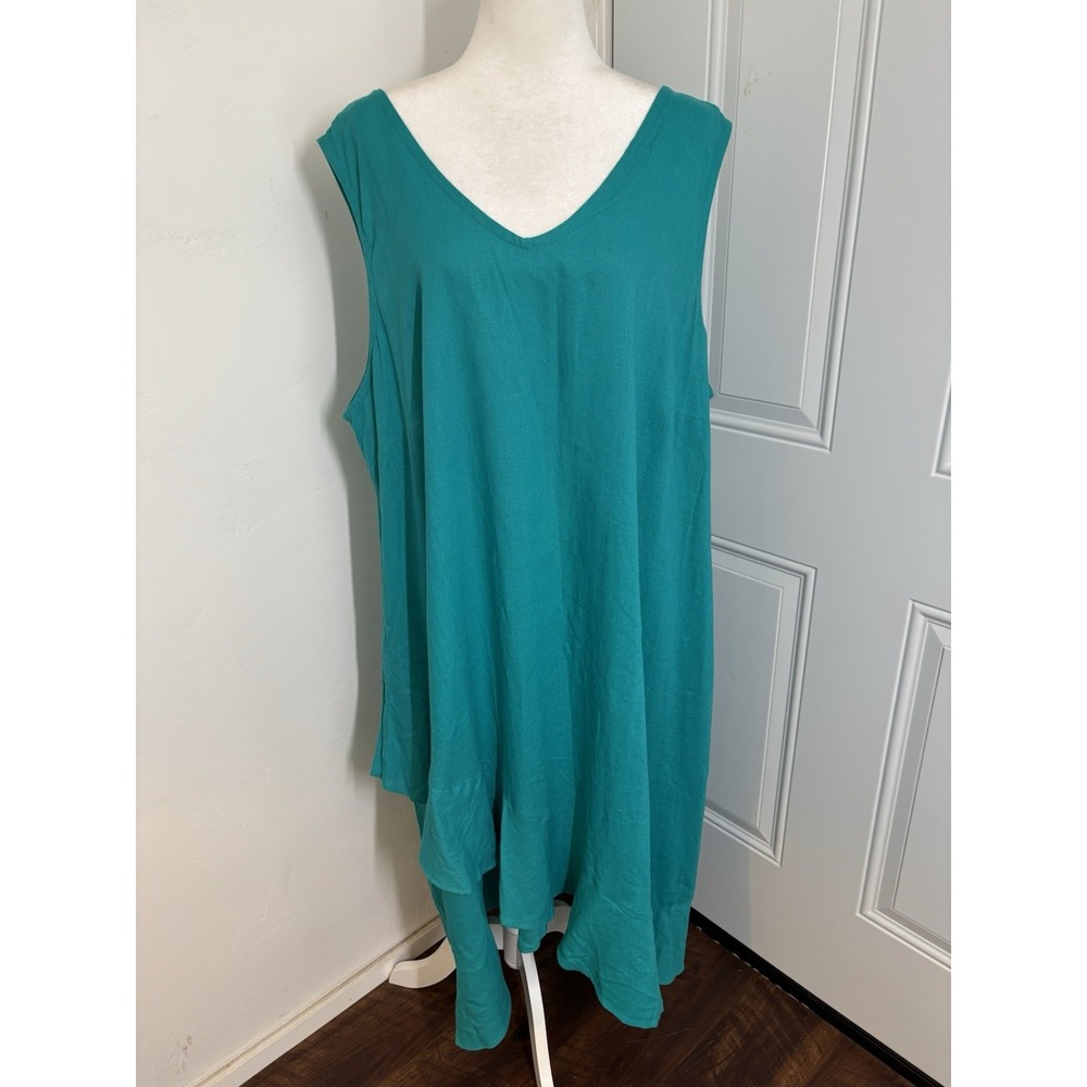 Jessica London Dress Women 26 Plus Blue Green‎ Linen Asymmetrical Ruffle Tiered